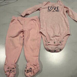 Carter's Two Piece Bodysuit & Footed Pants Baby Girls 6M Pink Love Cat Graphic